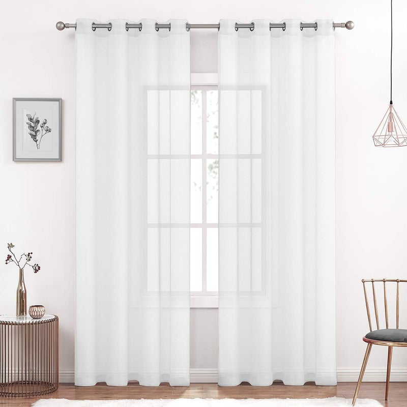 July Joy White Semi Linen Look Sheer Curtains for Bedroom, Living Room Grommet Light Filtering Solid Voile Window Curtains, Set of 2 Panels, 52 x 96 inch - Image 1